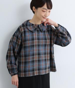 ポリエステルコットン綾織起毛チェック柄フレア襟長袖ブラウス(ブルー-F)