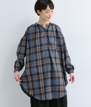 ポリエステルコットン綾織起毛チェック柄長袖チュニック(ブルー-F)