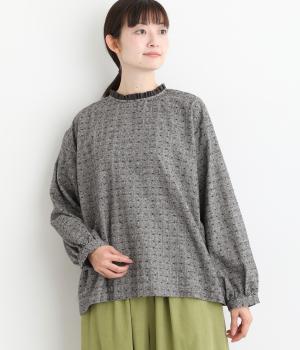 コットンリネンドビーシャンブレー起毛首元フリル長袖ブラウス(ダークネイビー-F)