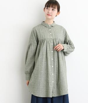 コットンリネンドビーシャンブレー起毛切替長袖ブラウス(キミドリ-F)