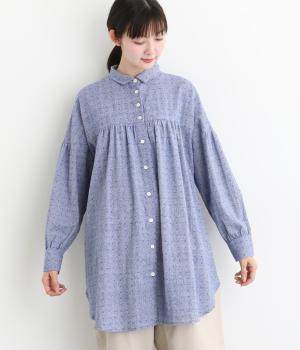 コットンリネンドビーシャンブレー起毛切替長袖ブラウス(ブルー-F)