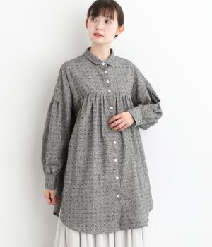 コットンリネンドビーシャンブレー起毛切替長袖ブラウス(ダークネイビー-F)