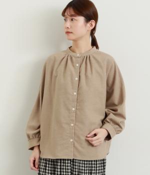 コットンポリエステル平織起毛9分袖ブラウス(グレージュ-F)