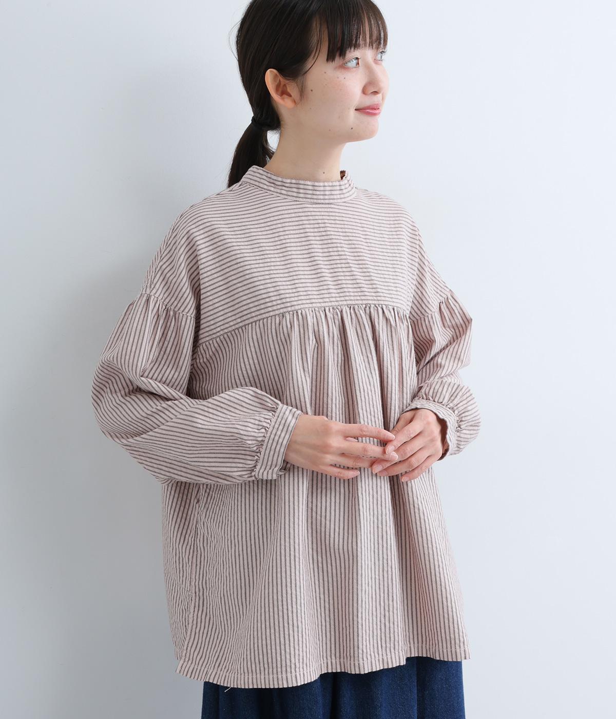 オックスストライプ日本製品染前後2way切替ギャザー長袖ブラウス（SUN