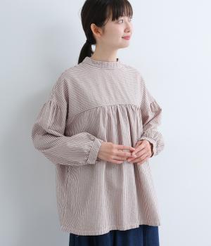 オックスストライプ日本製品染前後2way切替ギャザー長袖ブラウス