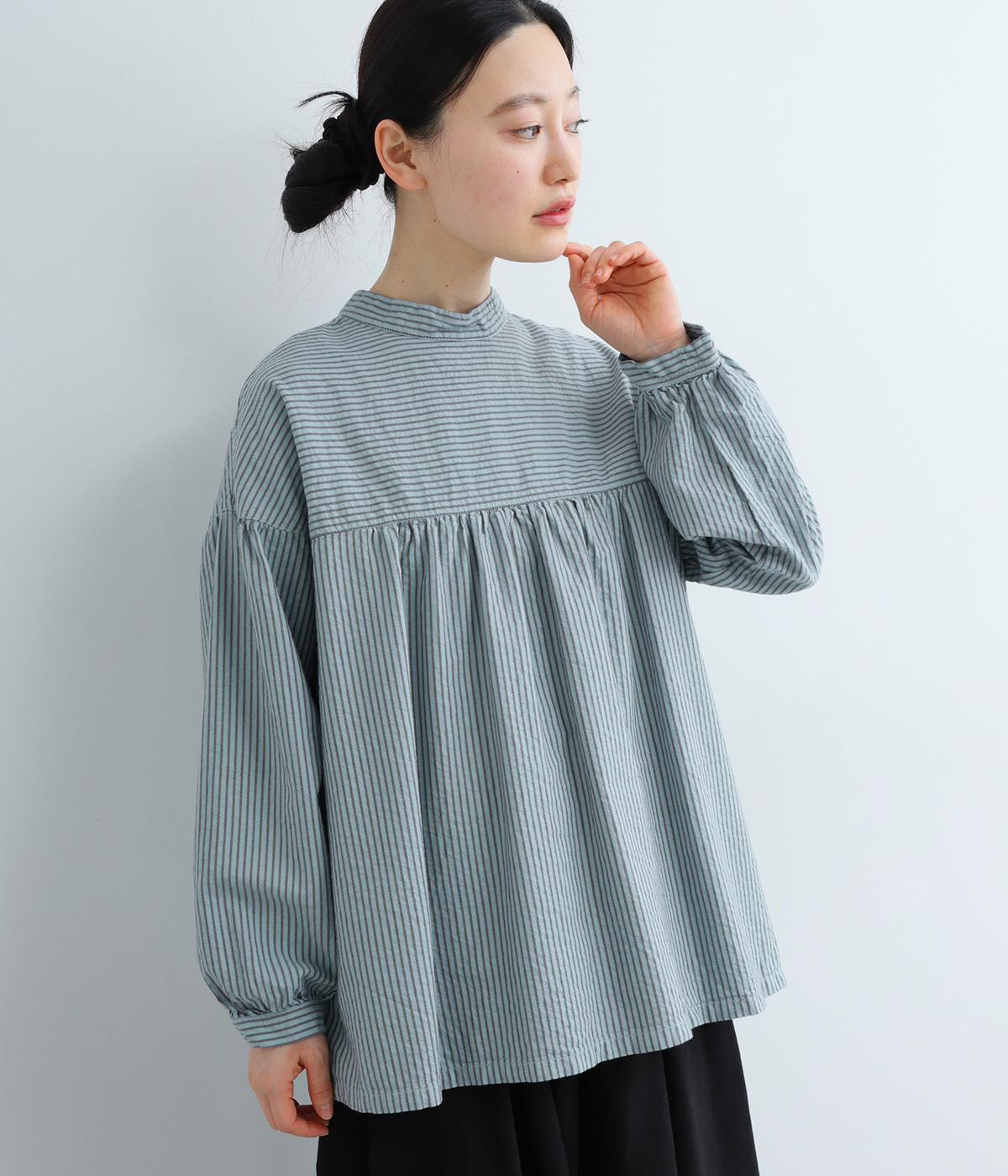 オックスストライプ日本製品染前後2way切替ギャザー長袖ブラウス（SUN