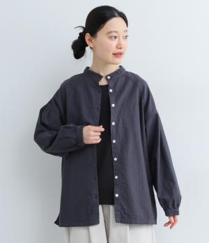 オックスストライプ日本製品染前後2way切替ギャザー長袖ブラウス(グレーネイビー-F)