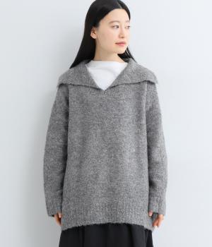 ウール混ループヤーン襟付き長袖ニット