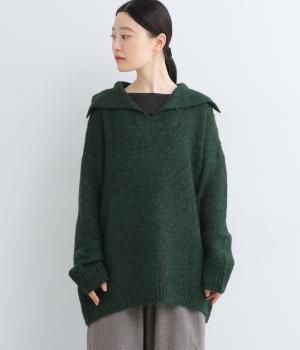 ウール混ループヤーン襟付き長袖ニット(グリーン-F)