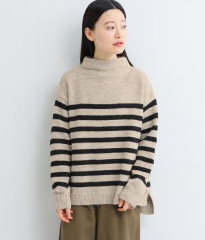 四者混店事務編みボーダー柄長袖ニット(オートミール-F)