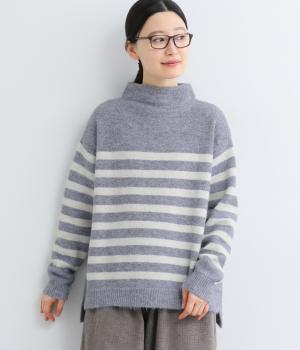 四者混店事務編みボーダー柄長袖ニット(グレーパープル-F)