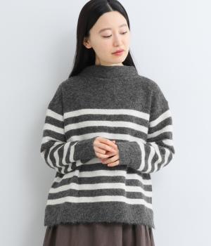 四者混店事務編みボーダー柄長袖ニット(チャコール-F)