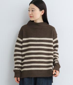 四者混店事務編みボーダー柄長袖ニット(ブラウン-F)