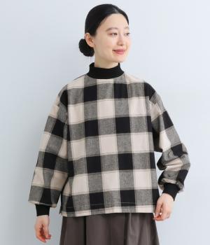 コットン平織起毛ブロックチェックボトルネック長袖ブラウス