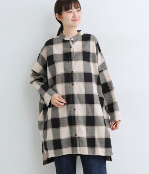 コットン平織起毛ブロックチェック長袖チュニックブラウス(グレージュ×クロ-F)