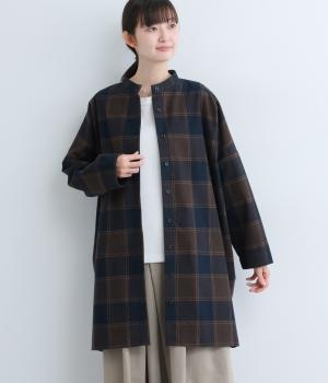コットン平織起毛ブロックチェック長袖チュニックブラウス(ブラウン×ネイビー-F)