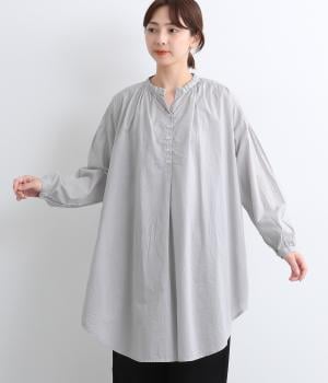 コットンローン日本製品染　チュニックブラウス(ブルーグレー-F)