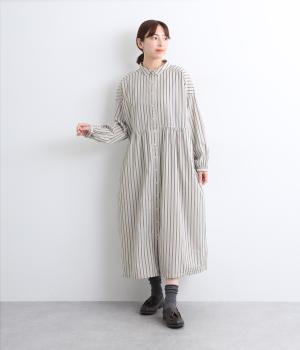 コットンシャンブレーストライプ　切替えギャザーワンピース