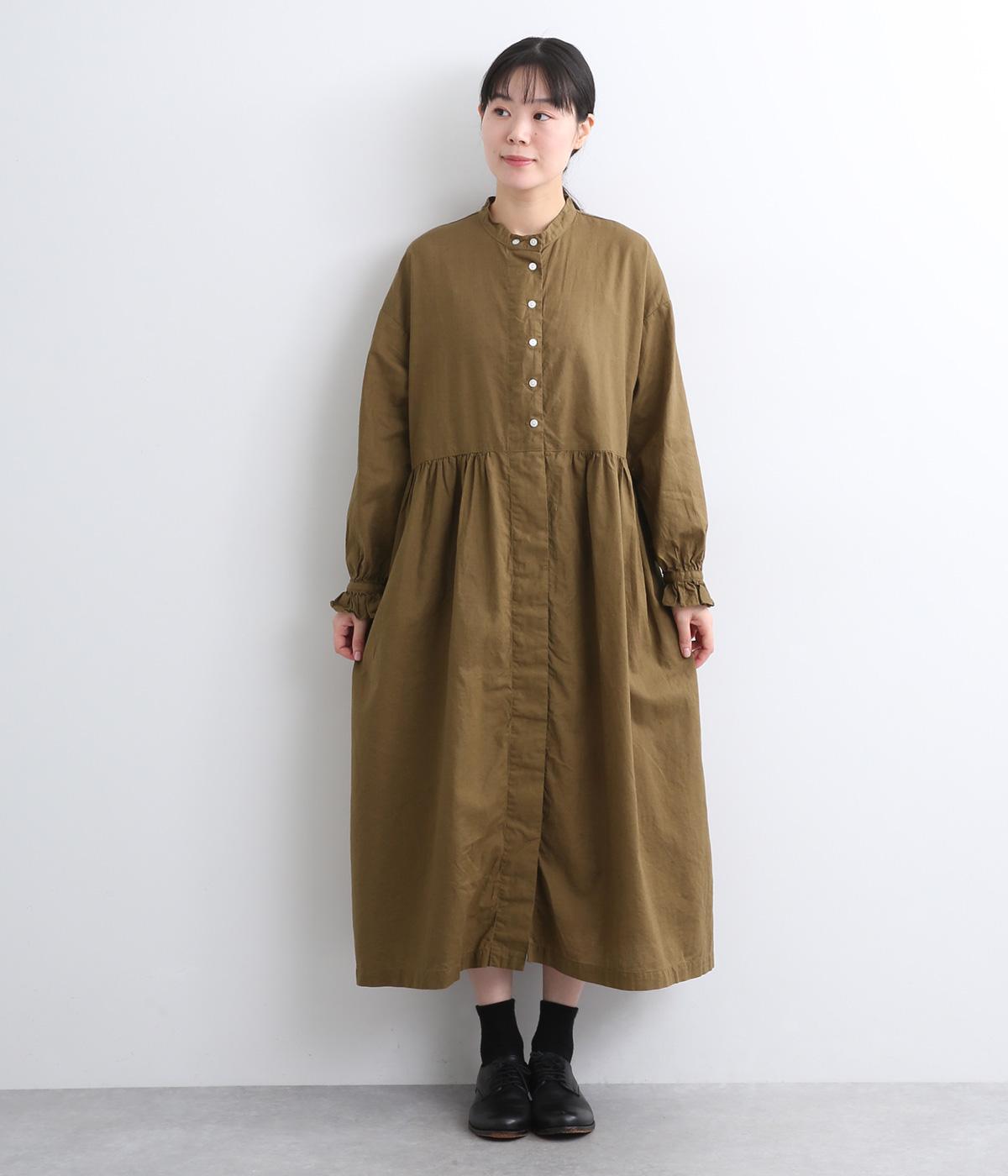 【tukuroi by SUN VALLEY】コットンリネン平織日本製品染　ギャザーワンピース(ブラウンカーキ-F)