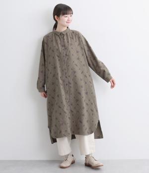 コットン平織起毛総柄プリントシャツワンピース(グレー-F)