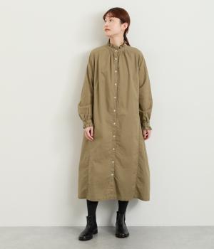 コットン平織日本製品染長袖ワンピース(カーキベージュ-F)