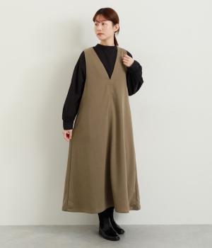 ウール混TRダブルフェイス前後2wayワンピース(無地カーキベージュ-F)