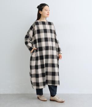 コットン平織起毛ブロックチェック長袖ワンピース