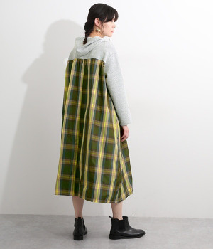 フード付き切替えチェックワンピース(グレー-ONESIZE)