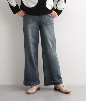 デニムウエストゴムワイドパンツ(ブルー-M)