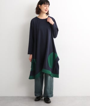 配色変形サークル切替Aラインチュニック(ネイビー-ONESIZE)