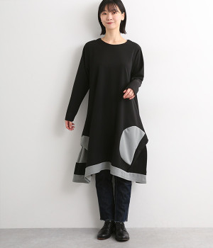配色変形サークル切替Aラインチュニック(ブラック-ONESIZE)