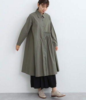 ウエストギャザー前開きワンピース(カーキ-ONESIZE)