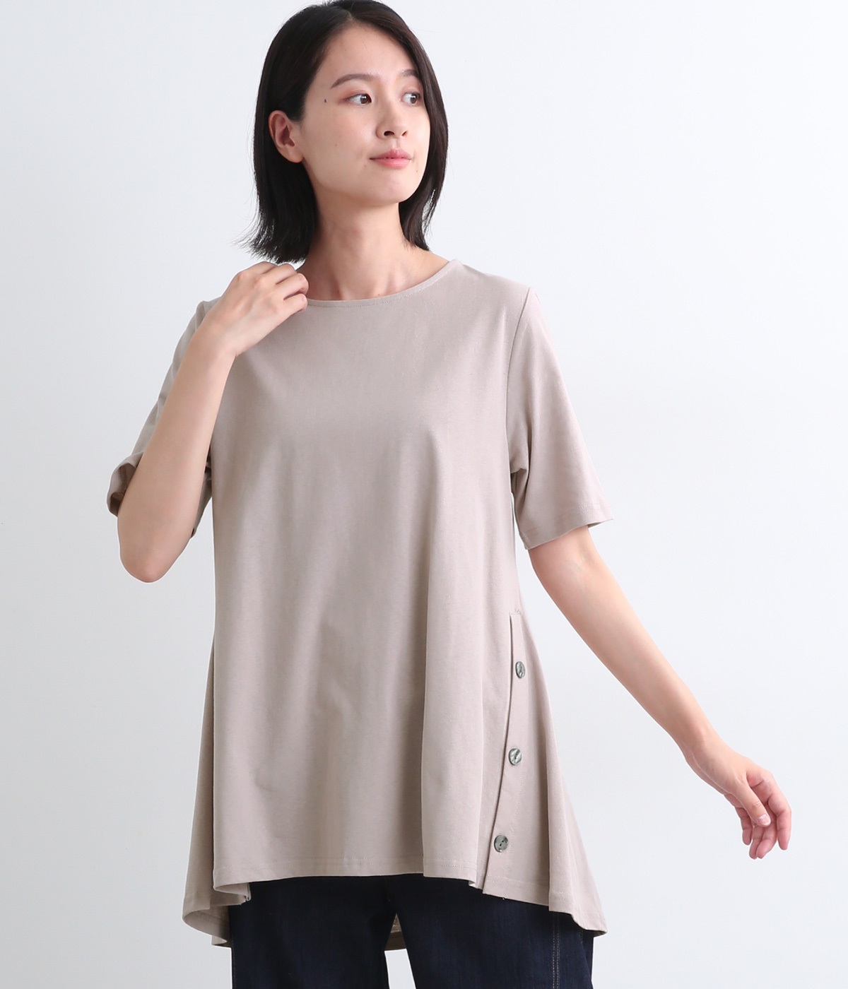 コットンサイドボタン切替5分袖AラインTシャツ（koibitomisaki