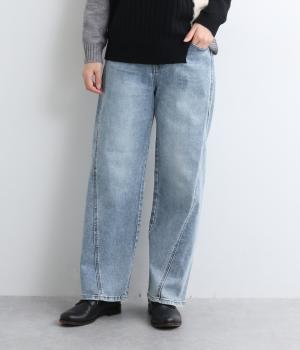 ストレッチ後ろウエストゴムサイド切替ストレートデニムワイドパンツ(ライトブルー-M)