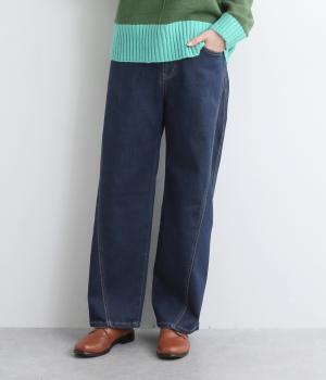 ストレッチ後ろウエストゴムサイド切替ストレートデニムワイドパンツ(ネイビー-L)