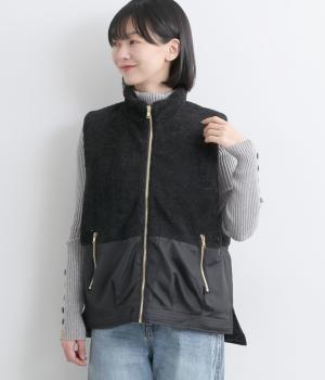 ボア×ナイロンコンビネーションジップベスト(ブラック-F)