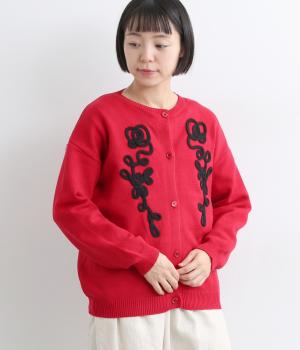 フラワーモチーフ刺繍風ニットカーディガン(レッド-F)