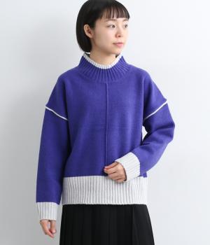 ボトルネック配色リブニット(ブルー-F)