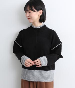 ボトルネック配色リブニット(ブラック-F)