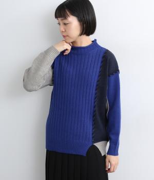 配色切替リブデザインニットプルオーバー(ブルー-F)