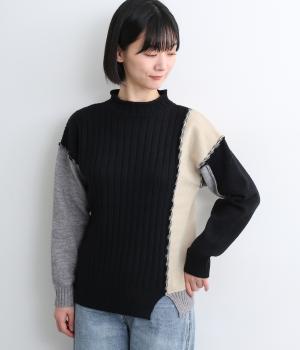 配色切替リブデザインニットプルオーバー(ブラック-F)