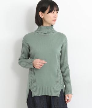 ケーブル編み切替タートルニットプルオーバー(ミント-F)