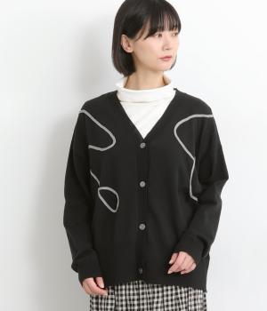 ラインアート刺繍Vネックニットカーディガン(ブラック-F)