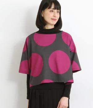 ビッグドット柄ボートネックショート丈半袖Tシャツカットソー(ピンク-F)