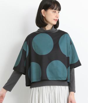 ビッグドット柄ボートネックショート丈半袖Tシャツカットソー(ブルー-F)