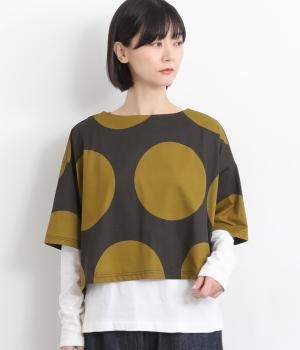 ビッグドット柄ボートネックショート丈半袖Tシャツカットソー(ダークブラウン-F)