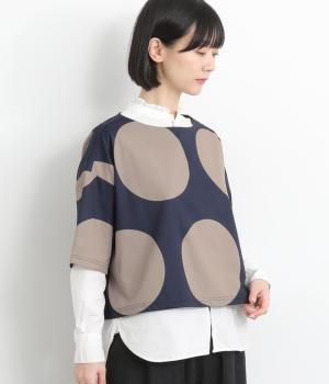 ビッグドット柄ボートネックショート丈半袖Tシャツカットソー(ネイビー-F)
