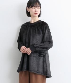 シャギー×異素材切替長袖Aラインカットソー(ブラック-F)