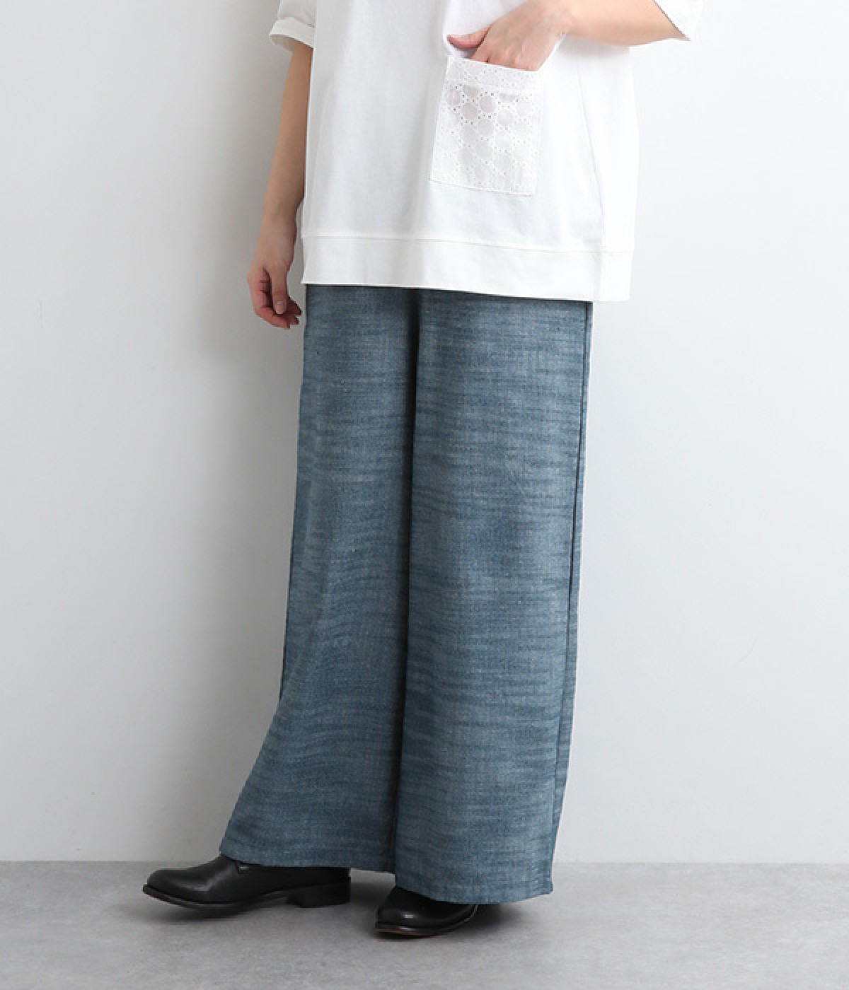 【LaLaquesera】コットンリネン混デニムワイドパンツ(ライトデニムブルー-ONESIZE)