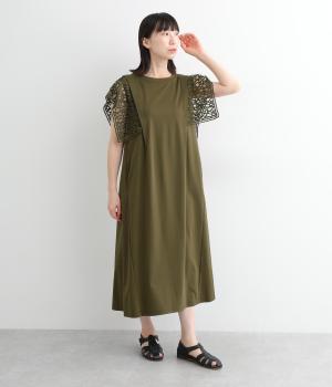 コットンスムース袖絡みレースドッキングワンピース